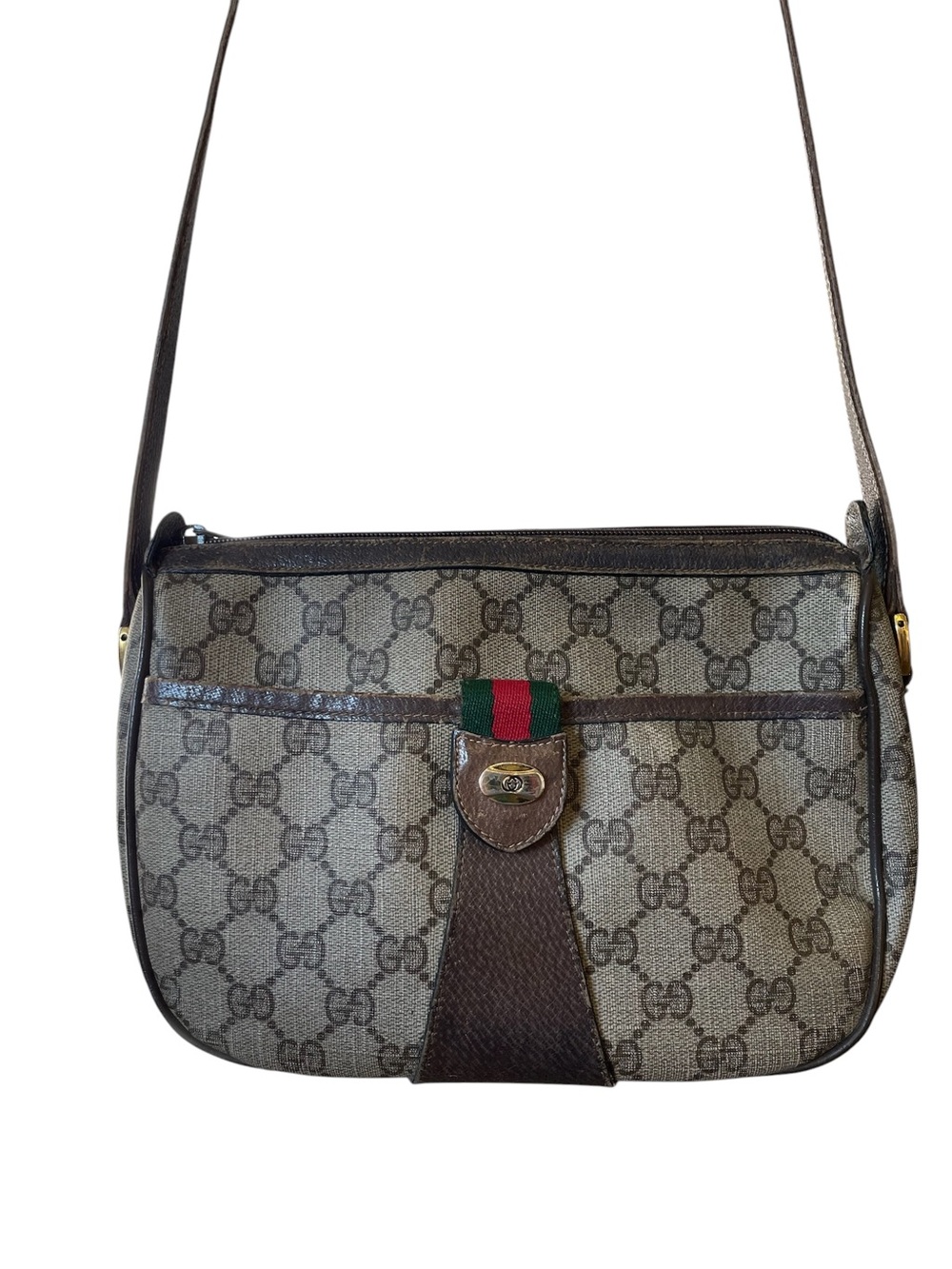 Gucci Brown GG Supreme Canvas Shoulder Bag with Green-Red Web Accent